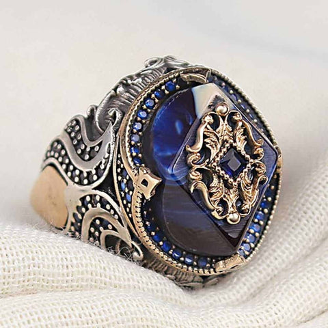 925 Sterling Silver Blue Amber Stone Mens Ring