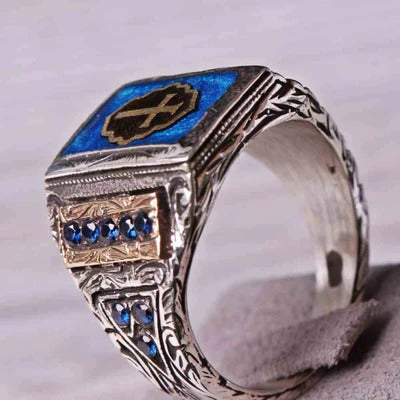 Silver Christian Cross Sapphire Religious Mens Ring