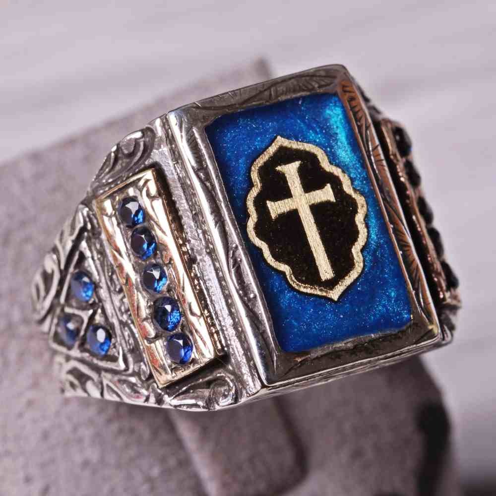 Silver Christian Cross Sapphire Religious Mens Ring
