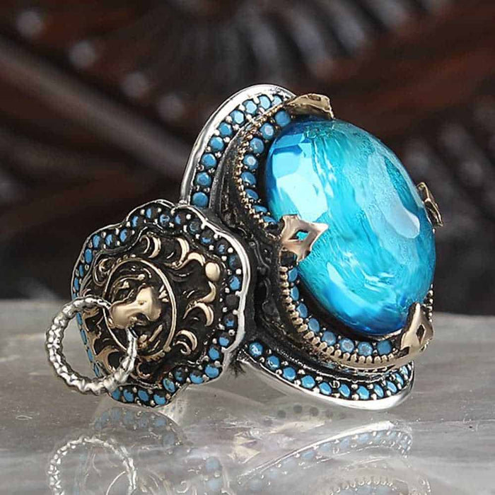 Silver Clear Aquamarine Stone King Lion Mens Ring