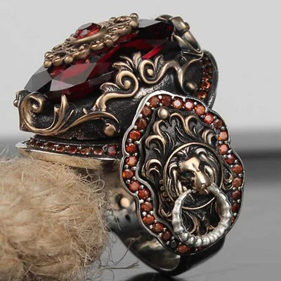 Silver Clear Ruby Stone Lion Mens Ring