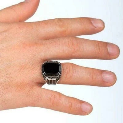 Silver Customizable Black Onyx Stone Mens Ring