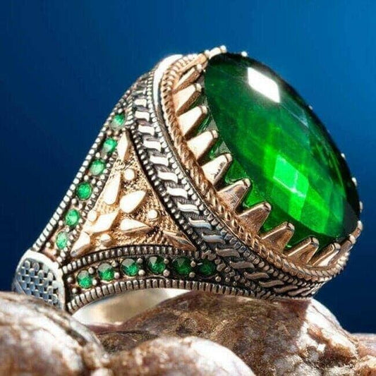 Silver Faceted Cut Emerald Stone Mens Ring