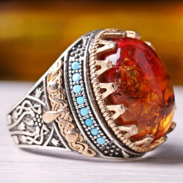 Silver Fossil Amber and Turquoise Stone Luxury Mens Ring