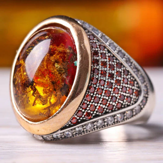 Silver Fossil Amber and Zircon Stone Mens Ring