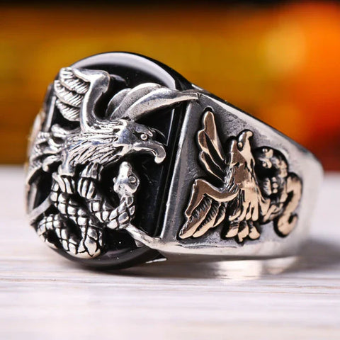 925 Sterling Silver Freedom Eagle Style Onyx Stone Mens Ring