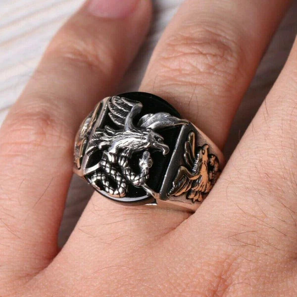 Silver Freedom Eagle Style Onyx Stone Mens Ring