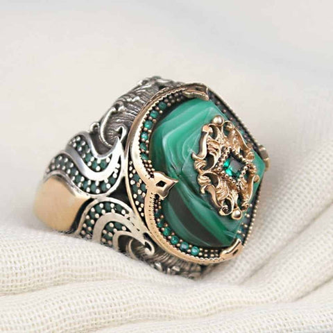 925 Sterling Silver Green Amber Stone Best Mens Ring