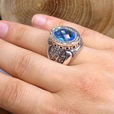 925 Sterling Silver Heavy Best Aquamarine Stone Mens Ring