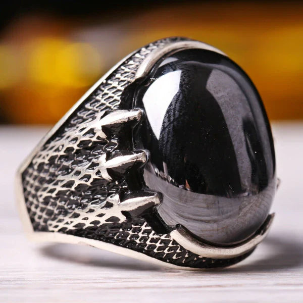 Silver Hooded Claw Onyx Stone Mens Ring