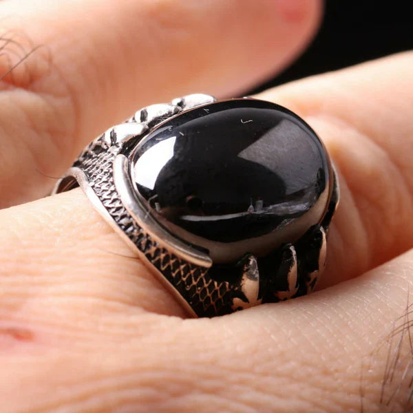 Silver Hooded Claw Onyx Stone Mens Ring