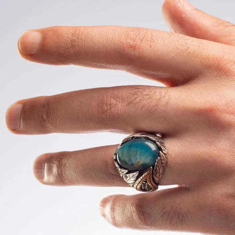 925 Sterling Silver Mens Ring with Natural Blue Tigers Eye Stone