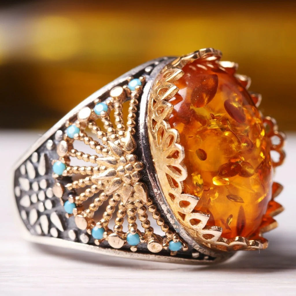 Silver Orange Amber and Turquoise Stone Mens Ring