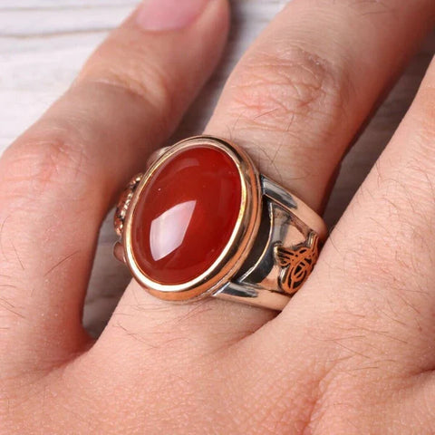 925 Sterling Silver Ottaman Agate Aqeeq Stone Mens Ring
