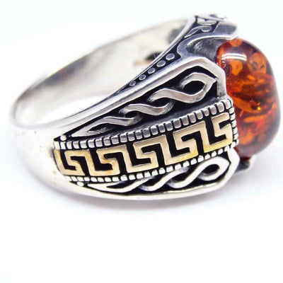 925 Sterling Silver Round Orange Amber Stone Mens Ring