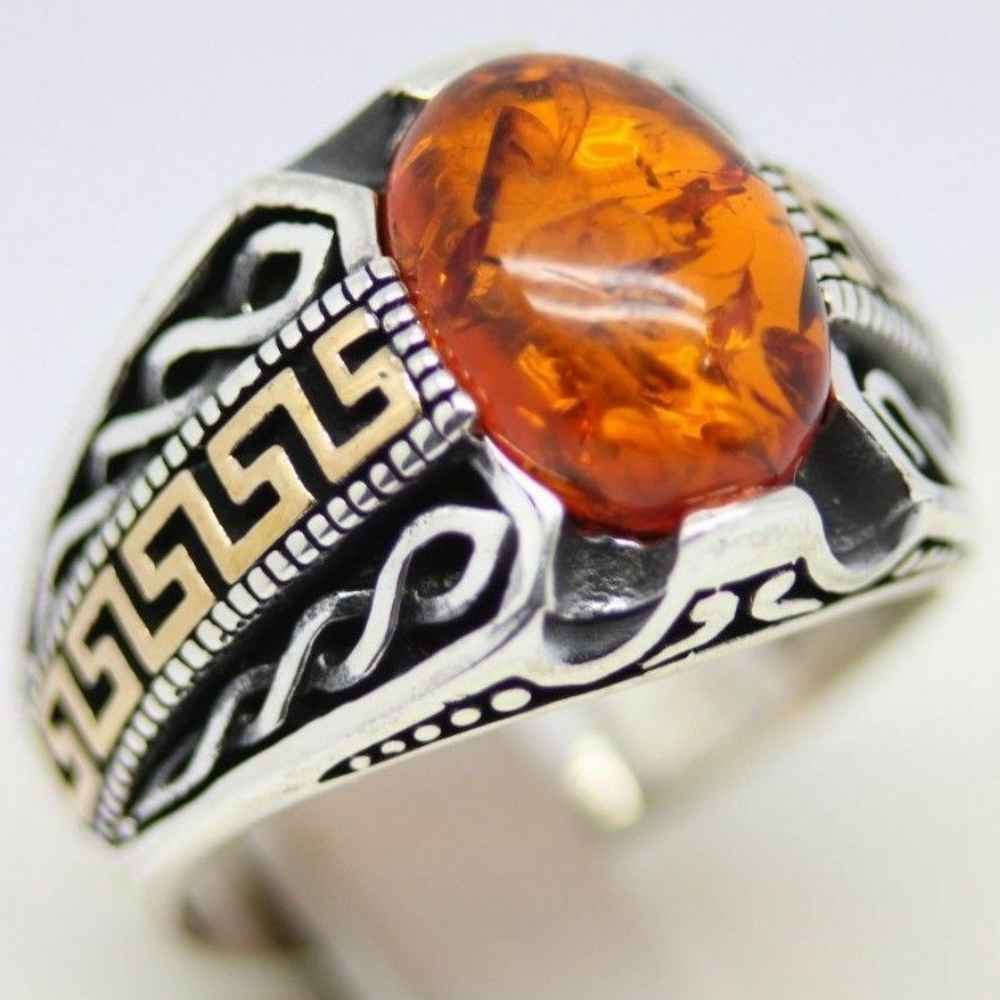 Silver Round Orange Amber Stone Mens Ring