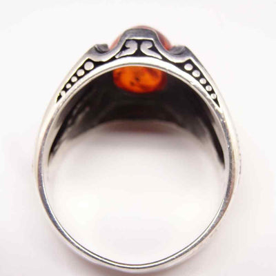 925 Sterling Silver Round Orange Amber Stone Mens Ring
