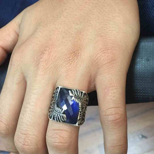 Silver Sapphire Stone Leaf Mens Ring