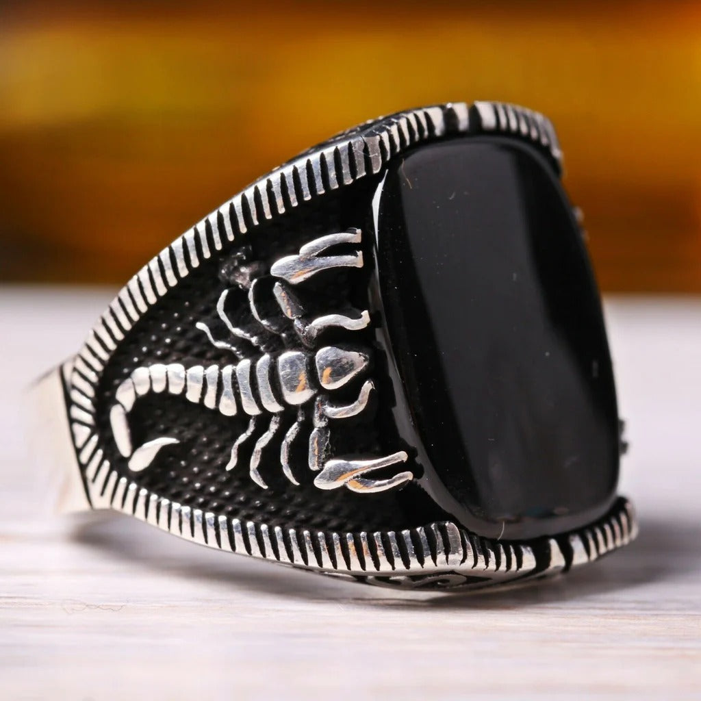 Silver Scorpion Style Solid Onyx Stone Mens Ring