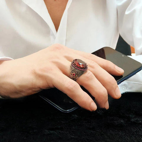 925 Sterling Silver Small Ruby Mens Ring