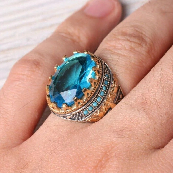 Silver Tourmaline and Turquoise Multi Stone Mens Ring