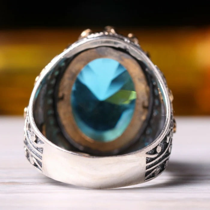 Silver Tourmaline and Turquoise Multi Stone Mens Ring