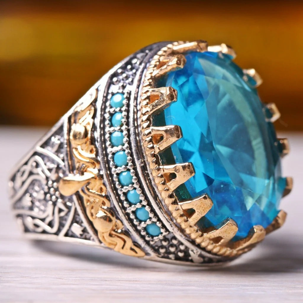 Silver Tourmaline and Turquoise Multi Stone Mens Ring