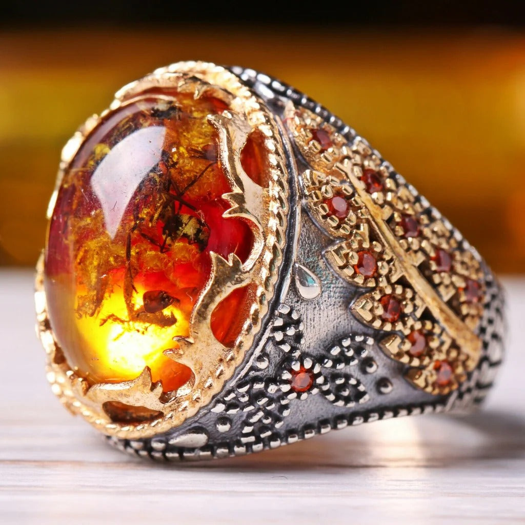 Silver with Fossil Amber and Citrine Stone Mens Ring