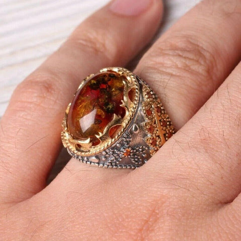925 Sterling Silver with Fossil Amber and Citrine Stone Mens Ring
