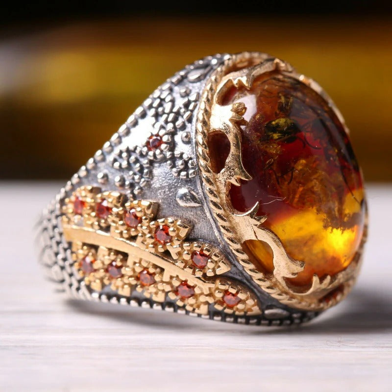 Silver with Fossil Amber and Citrine Stone Mens Ring