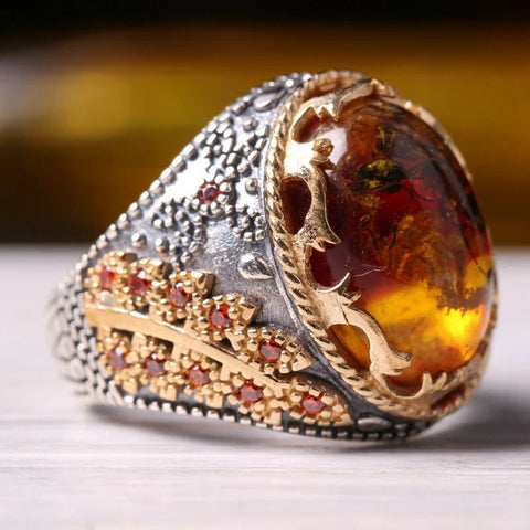 925 Sterling Silver with Fossil Amber and Citrine Stone Mens Ring