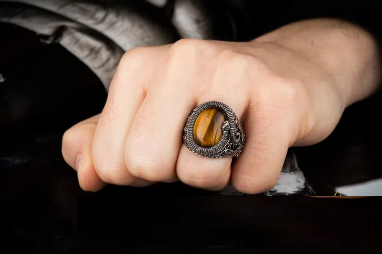 Brown Tiger Eye Zircon Detailed Ring With Snake Figure