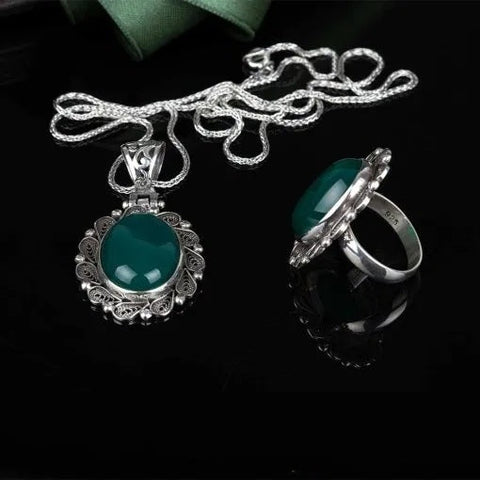 Green Aqeeq Filigree Silver Women Set