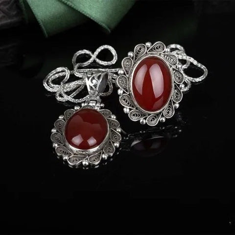 Red Yemeni Aqeeq Filigree Silver Women Set