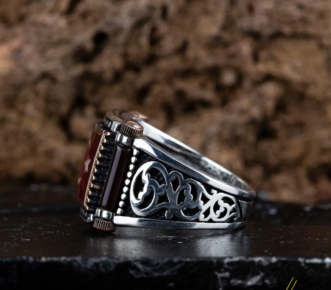 Crescent Star Red Mina Rectangle Cut Silver Ring No1