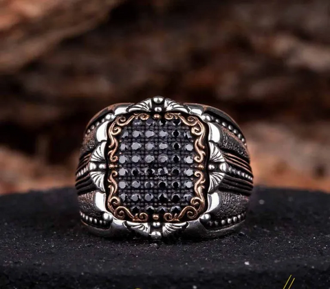 Elegant Black Zircon Covered Silver Ring