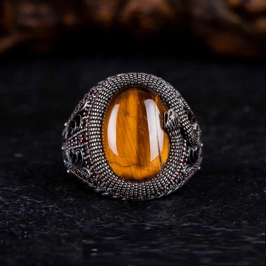 Brown Tiger Eye Zircon Detailed Ring With Snake Figure