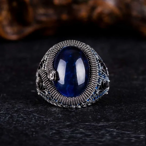 Blue Tiger’s Eye Zircon Detailed Ring With Snake Figure