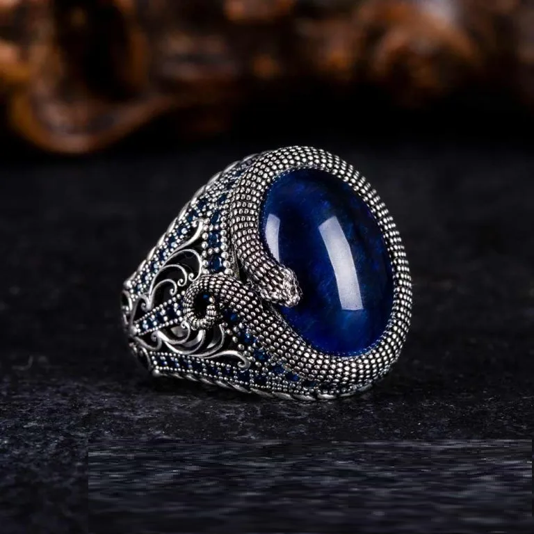 Blue Tiger Eye Zircon Detailed Ring With Snake Figure