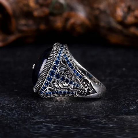 Blue Tiger’s Eye Zircon Detailed Ring With Snake Figure