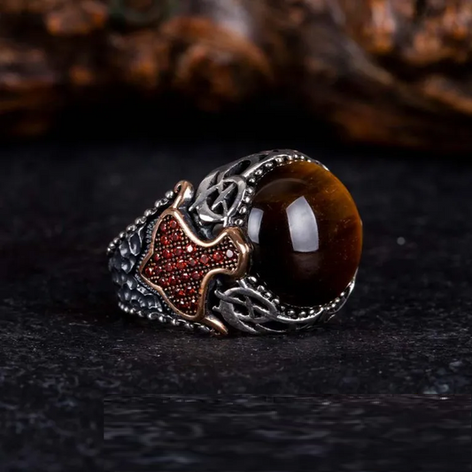 Brown Tiger Eye Round Zircon Detailed Ring