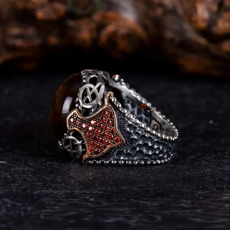 Brown Tiger Eye Round Zircon Detailed Ring