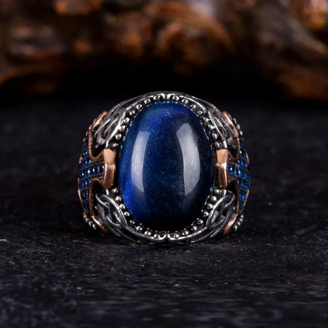 Blue Tiger’s Eye Oval Zircon Detailed Ring