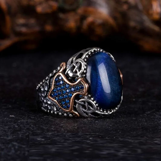 Blue Tiger Eye Oval Zircon Detailed Ring
