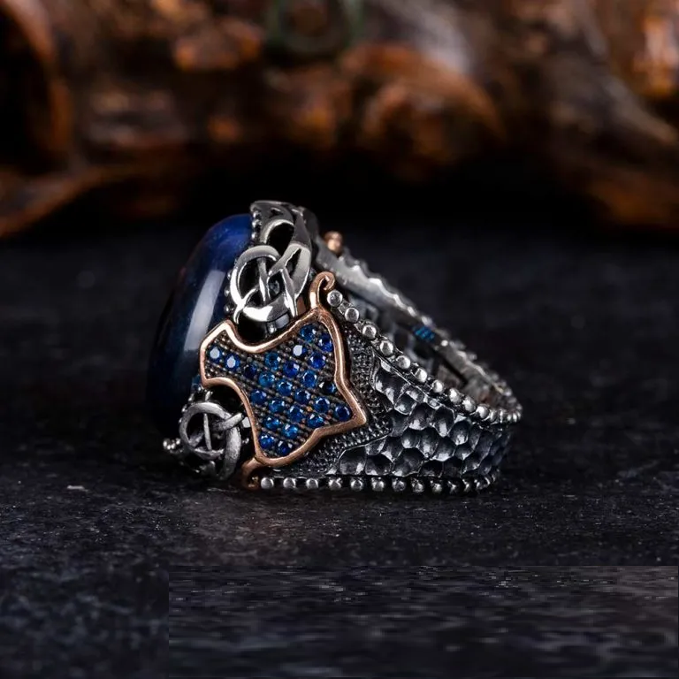 Blue Tiger Eye Oval Zircon Detailed Ring