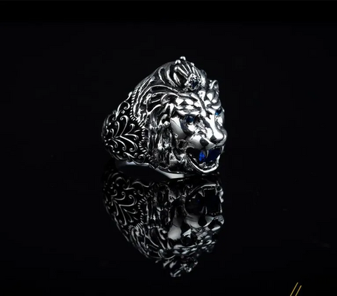 Roaring Lion Head Figure Blue Zircon Pieces Ring