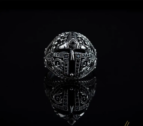 Warrior Helmet Black Zircon Pieces Exclusive Silver Ring