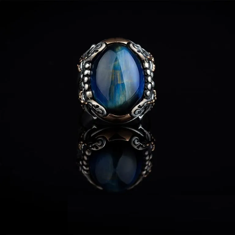 Blue Tiger Eye Crossed Sword Band Silver Ring