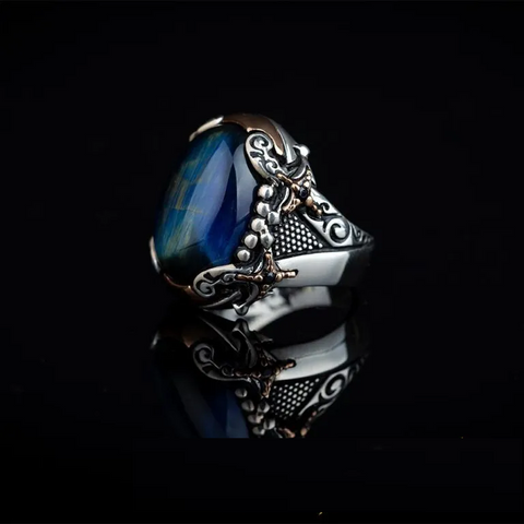 Blue Tiger’s Eye Crossed Sword Band Silver Ring