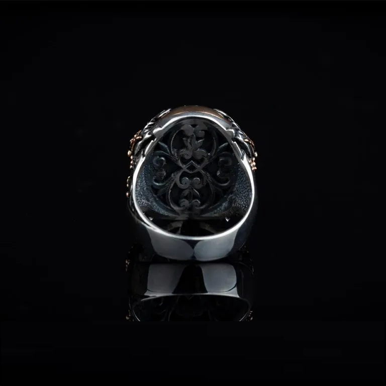 Blue Tiger Eye Crossed Sword Band Silver Ring